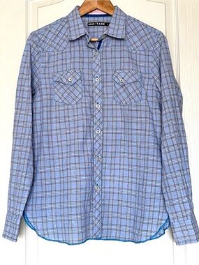 Misstake Blue Plaid 100% Linen Western Button Down Shirt Size L Breathable